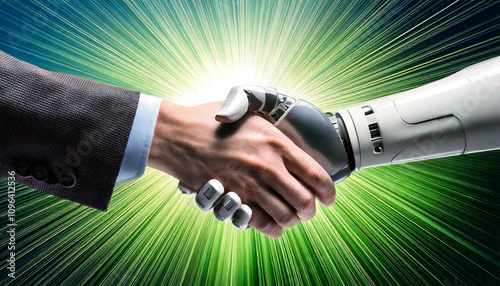 Green Deal concept with AI sustainability and innovation, robot hand shaking human hand.