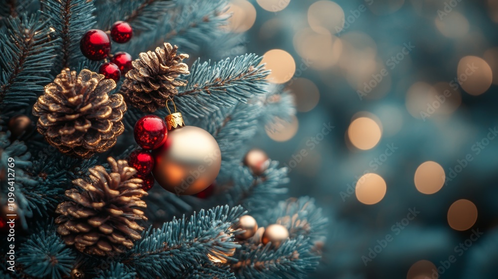 Obraz premium Christmas background with fir branches pine cones and lights on a bokeh background. Place for text. Copy space. Greeting card.