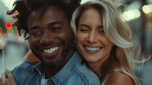  Happy interracial couple embracing and smiling in the city.