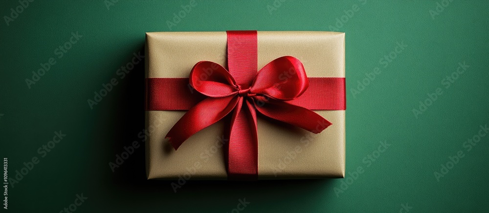 Elegant gift box with red ribbon on green background for Christmas themed decorations and festive celebrations flat lay composition Elegant gift box with red ribbon on green background for Christmas themed decorations and festive celebrations flat lay composition