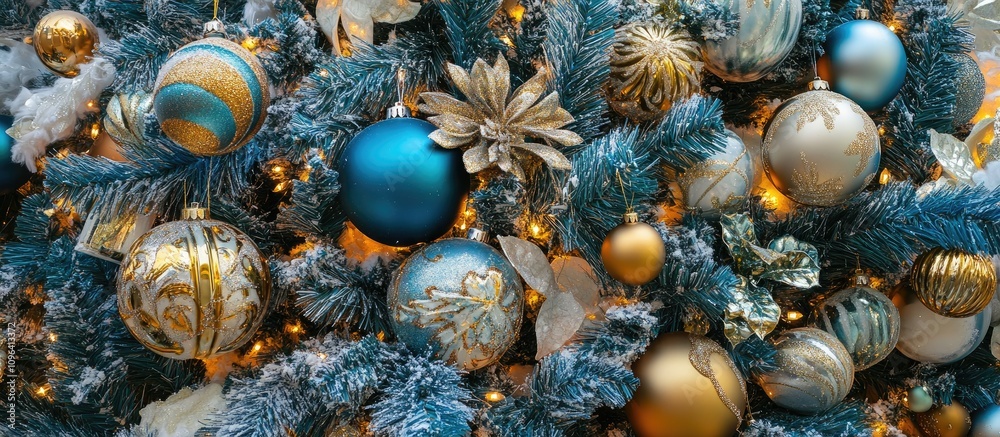 Festive holiday ornaments beautifully decorating a lavish artificial Christmas tree in vibrant blue and gold tones