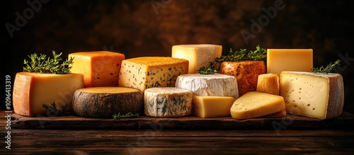 Dutch cured cheeses assortment displayed on a wooden board with fresh herbs highlighting traditional dairy craftsmanship and rich flavors. photo