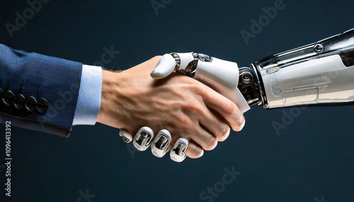 AI robot hand shaking hands with a businessman’s hand in a suit, symbolizing technology partnership