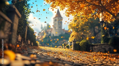 Autumnal Cobblestone Street Leading to a Medieval Castle with Falling Leaves