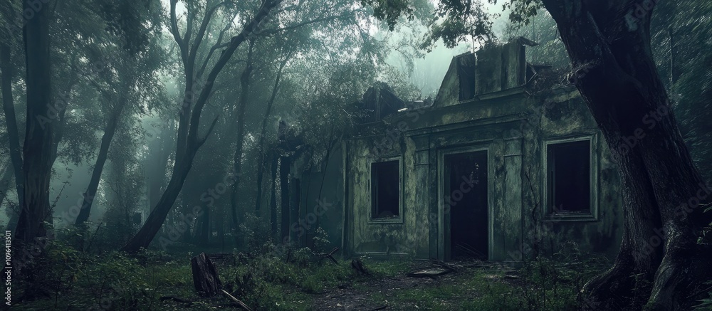 Mysterious abandoned building enveloped by fog in a dense forest showcasing eerie and haunting nature photography Mysterious abandoned building enveloped by fog in a dense forest showcasing eerie and haunting nature photography