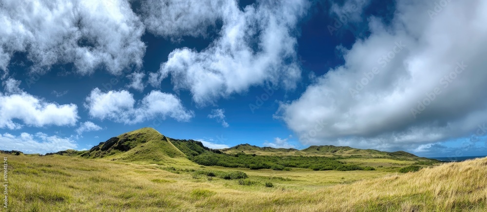 Rano Raraku volcanic crater under a dramatic blue sky surrounded by lush green hills and clouds on Easter Island. Rano Raraku volcanic crater under a dramatic blue sky surrounded by lush green hills and clouds on Easter Island.