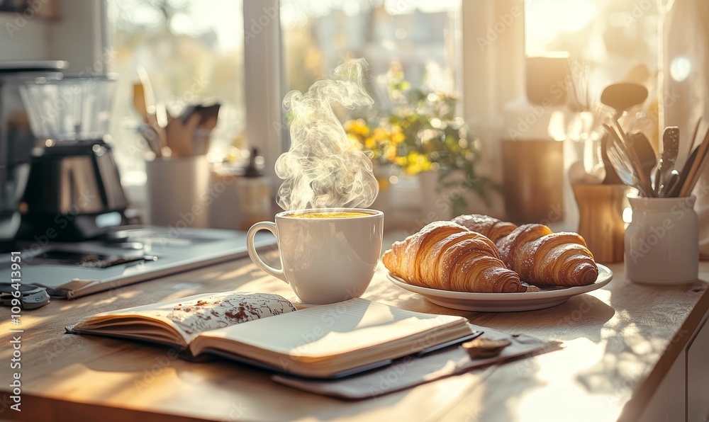Coffee, croissants, notebook, sunlight, breakfast. Coffee, croissants, notebook, sunlight, breakfast.