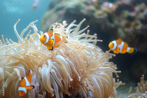 Fantastically beautiful bright clownfish swims in deep sea among corals