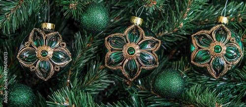 Elegant green and gold ornaments on a lush evergreen tree for a festive New Year celebration with a vibrant background