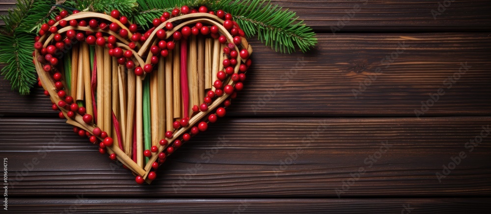 Heart arrangement of candy canes surrounded by red berries and green foliage on a rustic wooden background for festive holiday decor. Heart arrangement of candy canes surrounded by red berries and green foliage on a rustic wooden background for festive holiday decor.