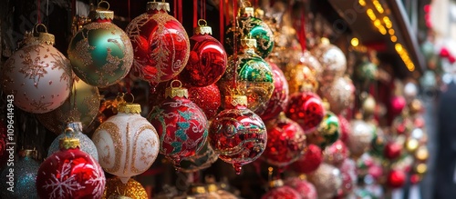 Colorful Christmas and New Year ornaments beautifully decorating urban streets in a festive holiday atmosphere