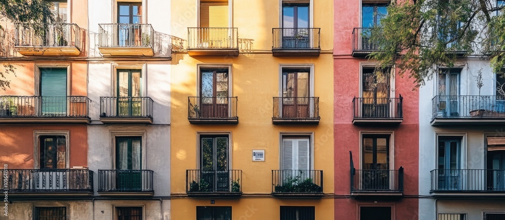 Vibrant residential building facade showcasing colorful balconies and windows in an urban environment Vibrant residential building facade showcasing colorful balconies and windows in an urban environment