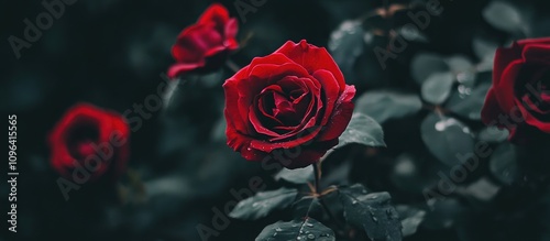 Vibrant red roses flourishing in a lush garden setting with droplets of water enhancing their beauty and elegance
