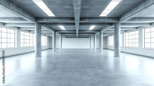 Spacious industrial loft interior design with concrete pillars, large windows, and polished floors, offering a minimalist aesthetic.