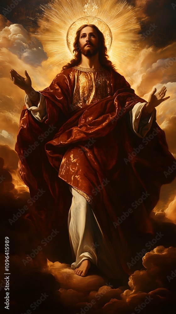 custom made wallpaper toronto digitalJesus ascending, dressed in a golden robe, arms outstretched, radiating divine light and surrounded by clouds.