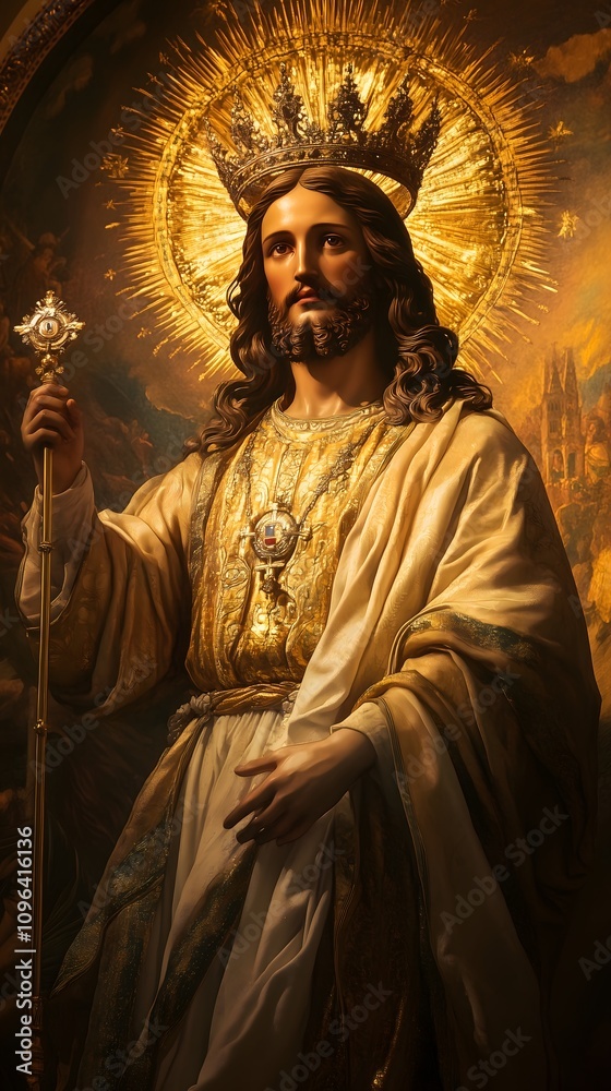 Naklejka premium Jesus as a divine king, holding a scepter, adorned in golden robes and crown, radiating majesty and spiritual authority.