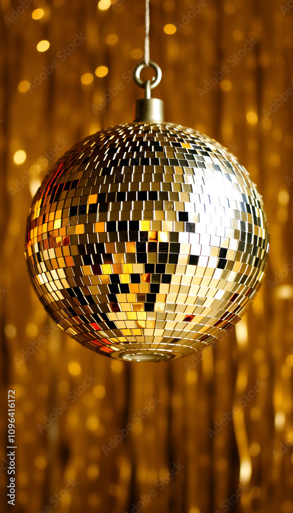 Obraz premium A shimmering disco ball, a festive sphere of mirrored glass, adds a touch of club-like glamour to the Christmas tree