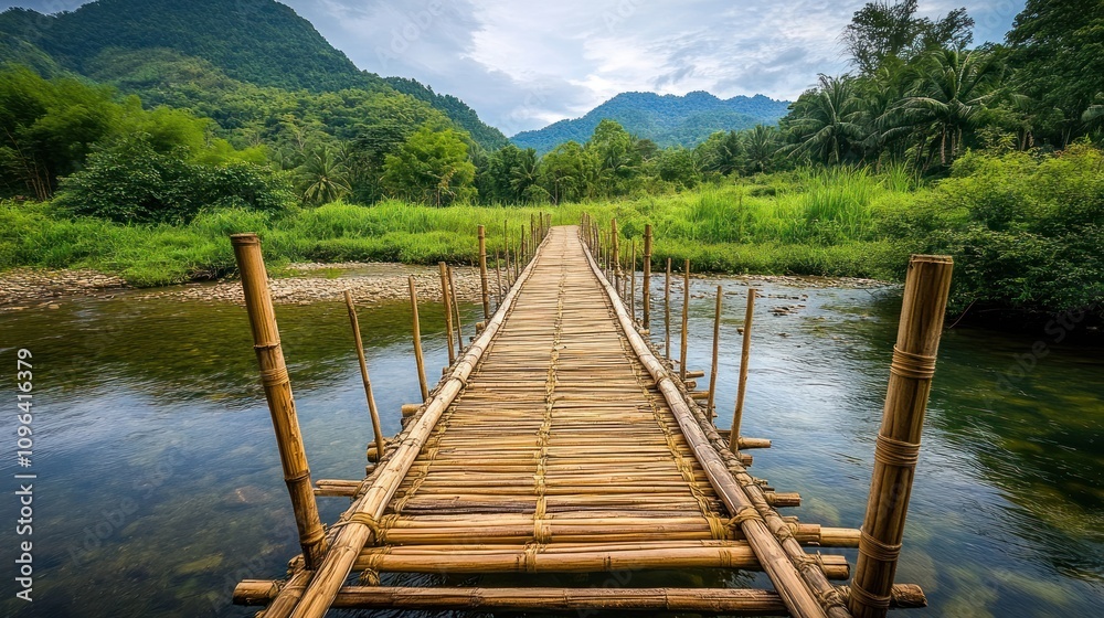 Naklejka premium A simple bamboo bridge over a clear, shallow stream in a peaceful rural landscape 