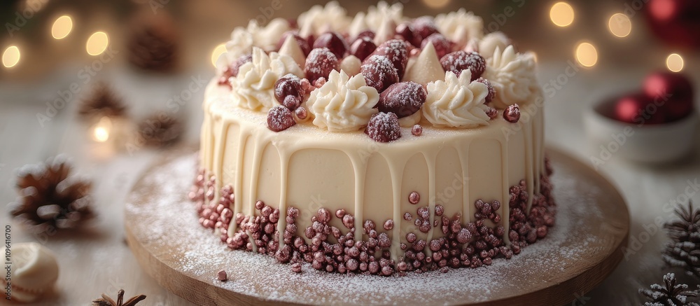Elegant holiday cake with white chocolate icing and festive decorations surrounded by a warm, inviting backdrop of seasonal lights and ornaments Elegant holiday cake with white chocolate icing and festive decorations surrounded by a warm, inviting backdrop of seasonal lights and ornaments