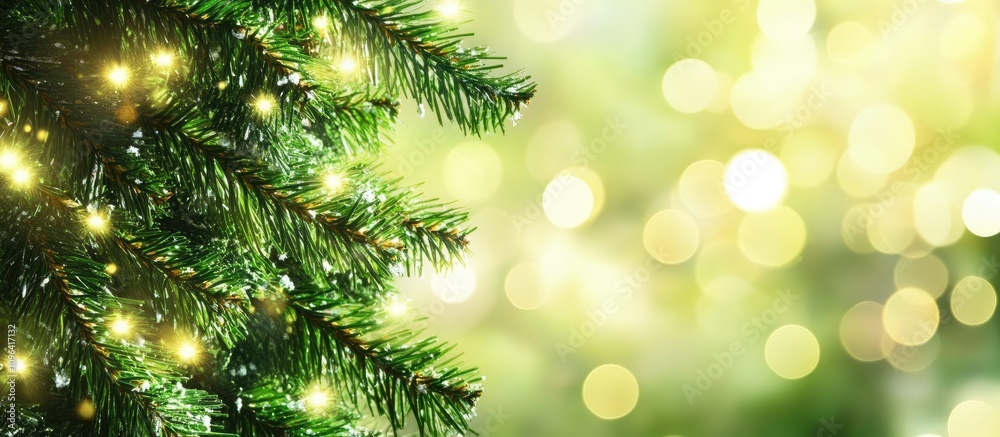 Lush green branches of a holiday tree adorned with shimmering lights against a soft bokeh background capturing festive spirit and warmth Lush green branches of a holiday tree adorned with shimmering lights against a soft bokeh background capturing festive spirit and warmth