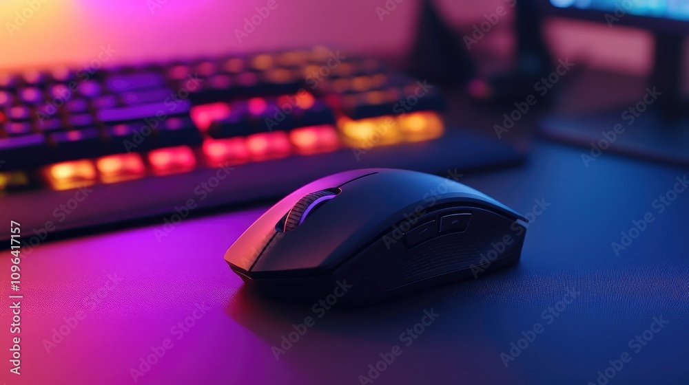 Close-Up of a Modern Gaming Mouse on a Stylish Desk with Colorful RGB Backlit Keyboard and Vibrant Ambient Lighting for Tech Enthusiasts Close-Up of a Modern Gaming Mouse on a Stylish Desk with Colorful RGB Backlit Keyboard and Vibrant Ambient Lighting for Tech Enthusiasts