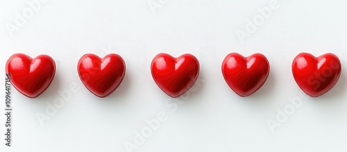 Red decorative hearts aligned on a white surface symbolizing love and affection for romantic designs and seasonal greetings photo