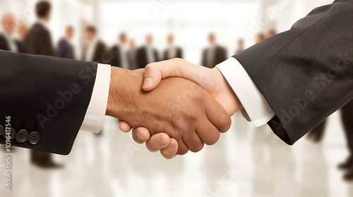 Close-up of two people shaking hands in a professional setting, symbolizing agreement and collaboration.