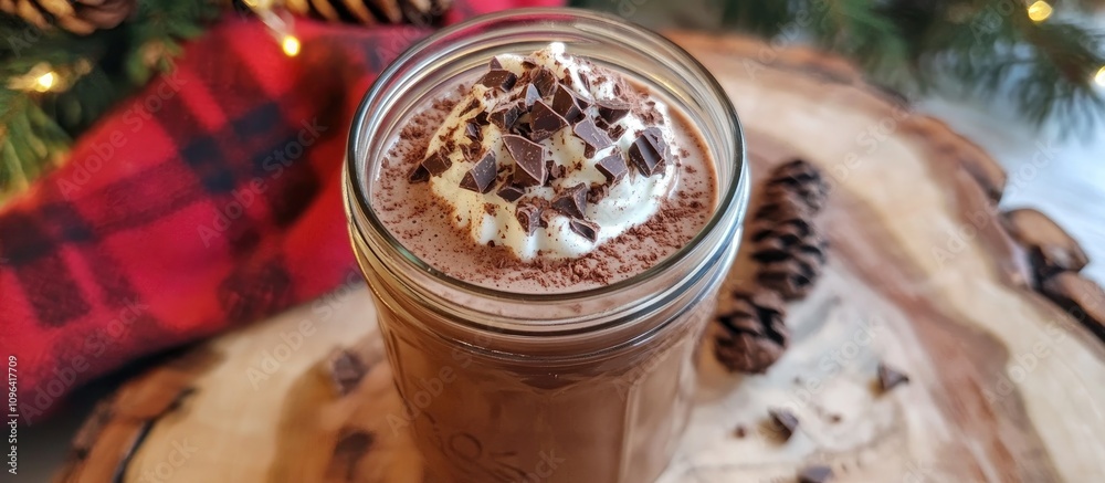 Homemade hot chocolate mix in a mason jar topped with whipped cream and chocolate shavings perfect for festive food gifting Homemade hot chocolate mix in a mason jar topped with whipped cream and chocolate shavings perfect for festive food gifting