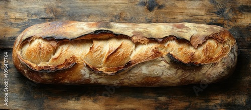 Artisan sourdough baguette on rustic wooden surface with empty space for text showcasing handcrafted baking craftsmanship photo