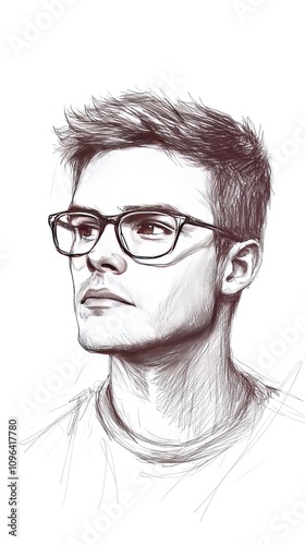 Pen sketch of a young man with glasses, looking thoughtfully upward.