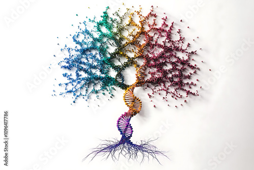 Colorful tree of life design with DNA strands representing genetic diversity and connection
