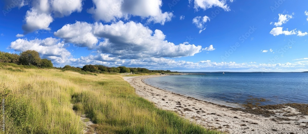 Serene Coastal Scene with Lush Greenery and Dramatic Cloudscape at Cape During a Sunny Day Serene Coastal Scene with Lush Greenery and Dramatic Cloudscape at Cape During a Sunny Day