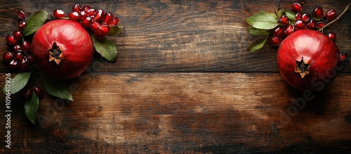 Decorative pomegranates with leaves arranged on a rustic wooden background showcasing ample copy space for text or branding elements