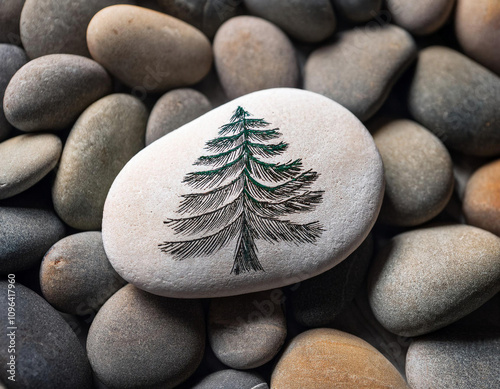 A white stone among sea pebbles features a hand-painted green pine tree design. photo