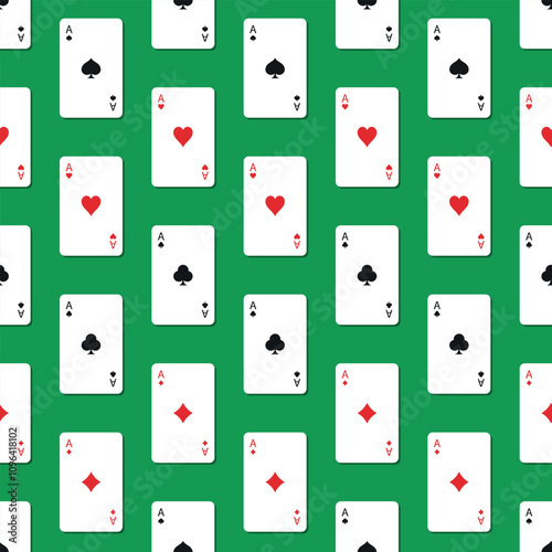 Aces with different card suits. Hearts, crosses, spades and diamonds. Vector seamless pattern.