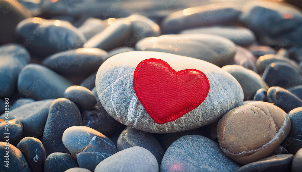 Obraz premium A bright red heart is painted on a light grey pebble, standing out among a collection of smooth beach stones.