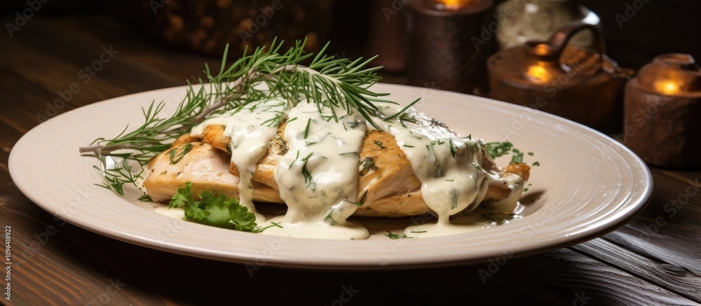 Juicy chicken with creamy sauce and fresh herbs elegantly plated in a cozy restaurant setting with warm lighting and rustic decor Juicy chicken with creamy sauce and fresh herbs elegantly plated in a cozy restaurant setting with warm lighting and rustic decor