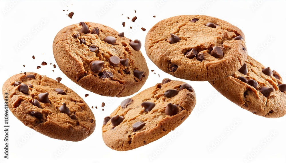 Golden-brown chocolate chip cookies with chunks, suspended mid-air, isolated on a white background for food marketing. Golden-brown chocolate chip cookies with chunks, suspended mid-air, isolated on a white background for food marketing.