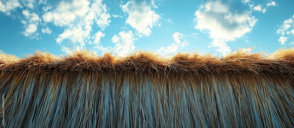 Fototapeta premium Rustic grass roof texture under a bright sky with clouds showcasing natural shelter and simplicity in outdoor environments