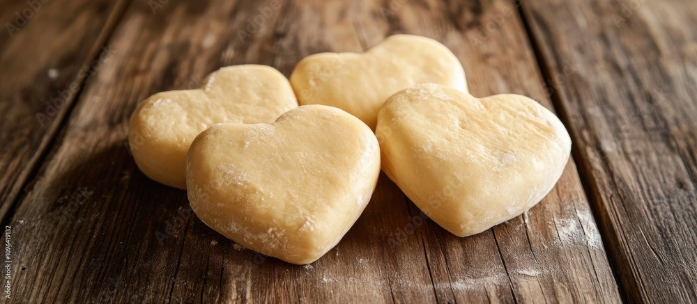Heart shaped dough biscuits arranged on a rustic wooden table ready for baking and decoration for romantic occasions and celebrations Heart shaped dough biscuits arranged on a rustic wooden table ready for baking and decoration for romantic occasions and celebrations