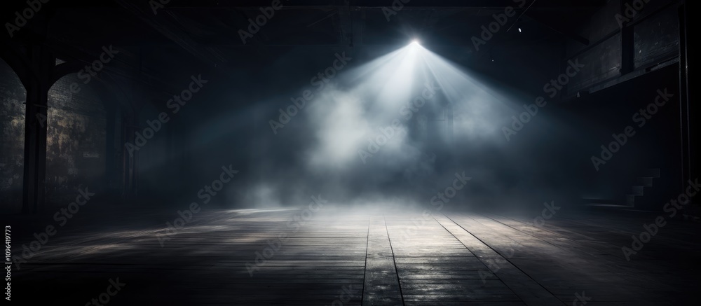 Mysterious dark floor illuminated by searchlight with ethereal smoke creating a dramatic atmosphere in an industrial setting Mysterious dark floor illuminated by searchlight with ethereal smoke creating a dramatic atmosphere in an industrial setting