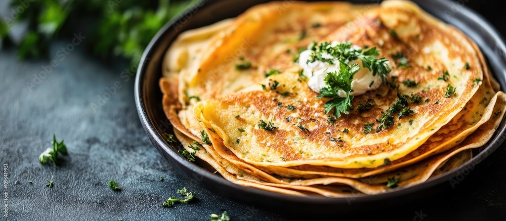Delicious thin pancakes topped with fresh herbs, smoked salmon, and creamy cheese served elegantly on a rustic plate Delicious thin pancakes topped with fresh herbs, smoked salmon, and creamy cheese served elegantly on a rustic plate