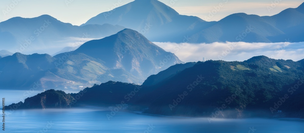 Serene morning landscape featuring misty mountains and tranquil sea waters under soft sunlight