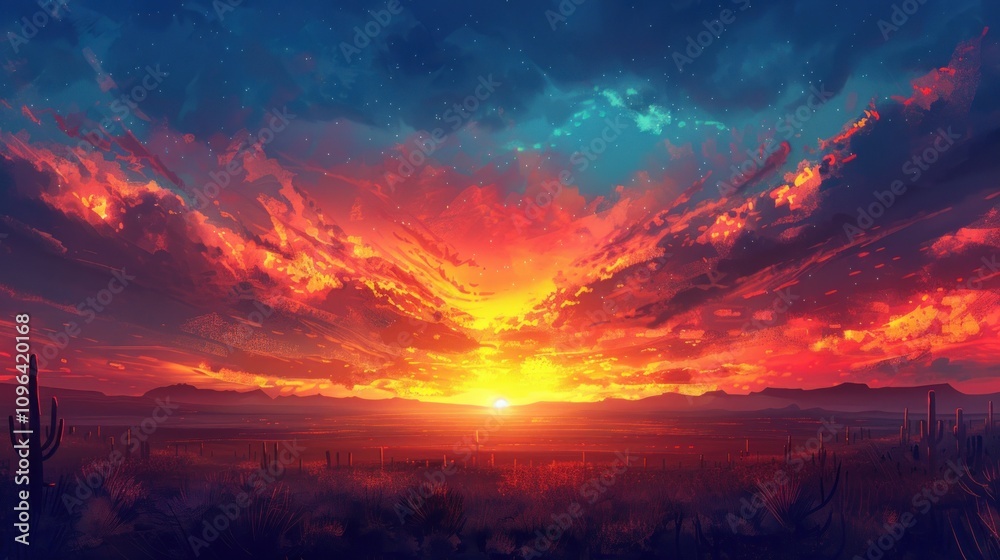 Fototapeta premium Fiery sunset over desert landscape with cacti silhouettes.