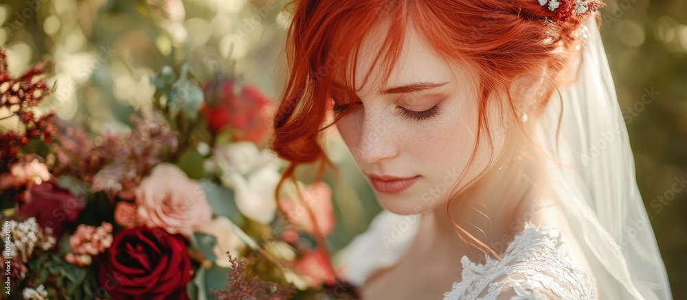 Naklejka premium Elegant bride with red hair wearing a floral bouquet in a romantic outdoor setting capturing a serene bridal moment.