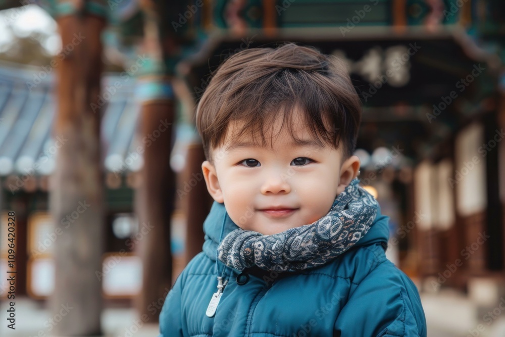 Adorable toddler enjoying a visit to a traditional korean temple, dressed in warm winter clothing Adorable toddler enjoying a visit to a traditional korean temple, dressed in warm winter clothing