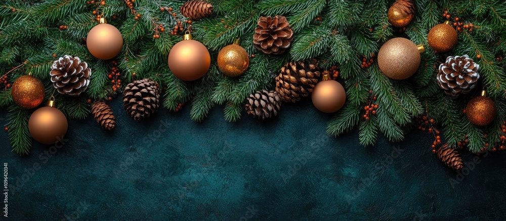 Festive Christmas tree decorations with wooden ornaments balls and pine cones on a rich painted background viewed from above Festive Christmas tree decorations with wooden ornaments balls and pine cones on a rich painted background viewed from above