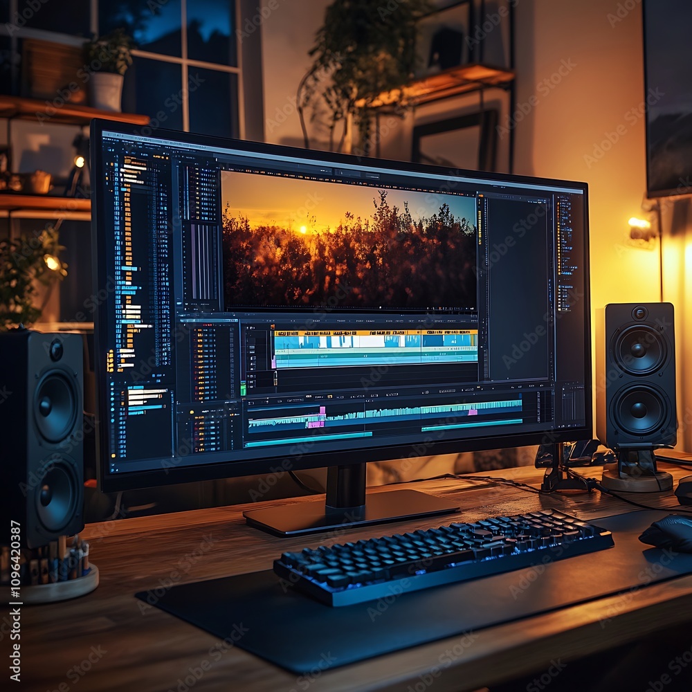 Cozy workspace with ambient lighting and video editing setup on computer. Cozy workspace with ambient lighting and video editing setup on computer.