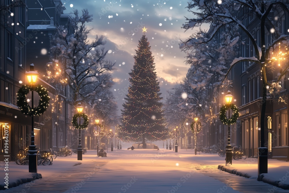Festive city with a majestic Christmas tree in the center Festive city with a majestic Christmas tree in the center
