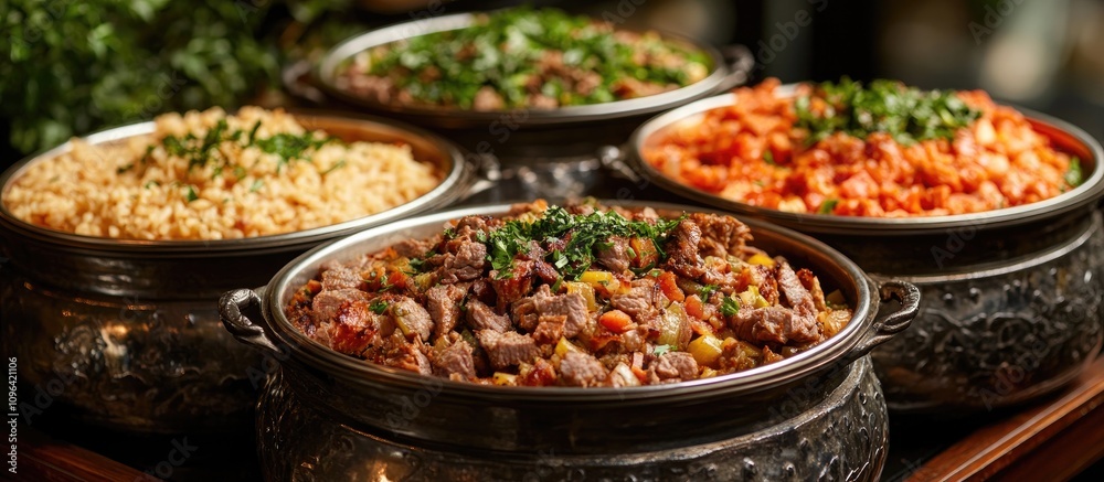 Pilaf dishes with meat and vegetables displayed in traditional iron containers at a buffet setting Pilaf dishes with meat and vegetables displayed in traditional iron containers at a buffet setting